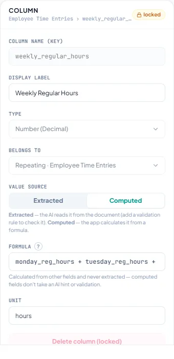 The field inspector — key, label, type, scope, the Extracted/Computed value-source toggle, unit, and a formula